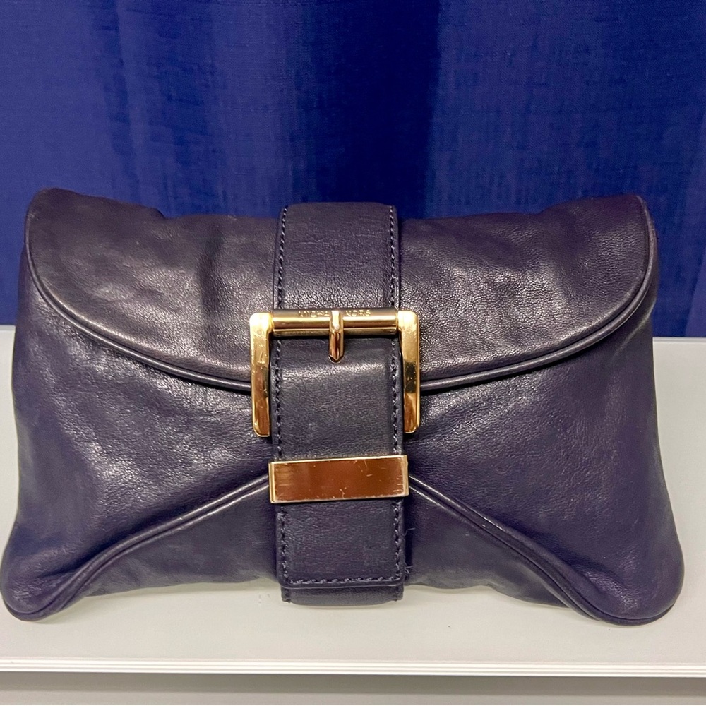 Michael Kors Hidi Clutch Navy blue with Gold Buckle